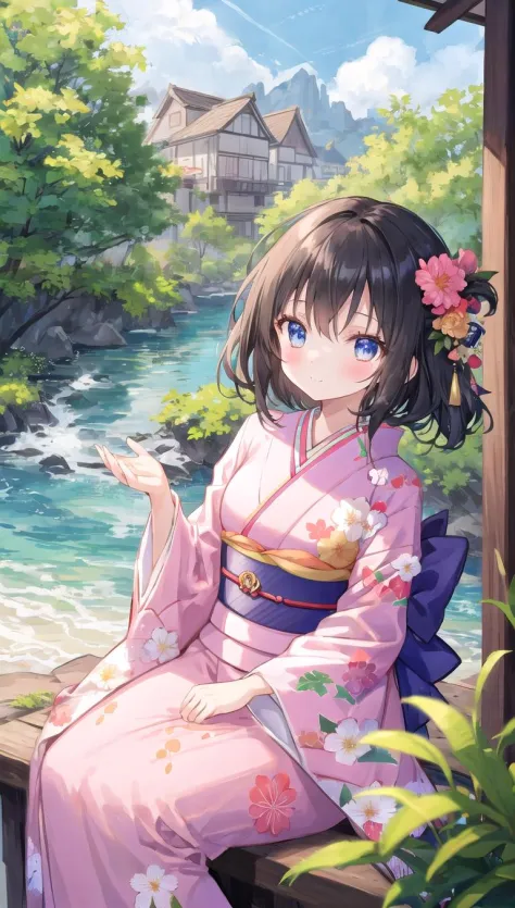 beautiful illustration, best quality, cute girl, outdoor, kimono, black hair