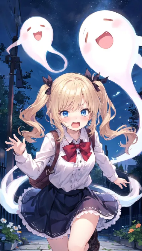 beautiful illustration, best quality, cute girl, outdoor, at night, ghost, scared, sprinting, (tears:0.8), short twintails