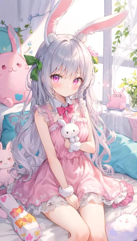 beautiful illustration, best quality, cute girl, bedroom, pastel color, fluffy bunny ears, petite, silver long hair, rabbit stuf...