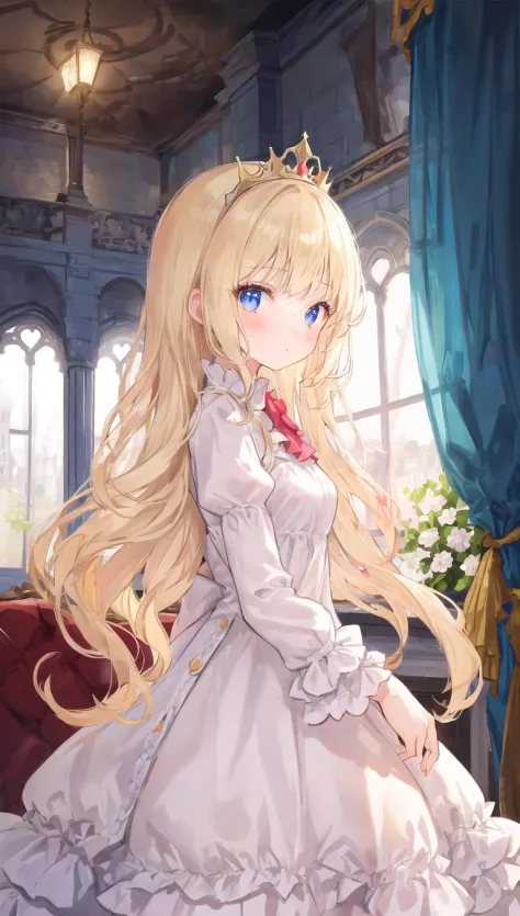 beautiful illustration, best quality, cute girl, indoor, (princess), white dress, tiara, (petite), blond long hair, from side, castle, cowboy shot