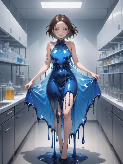 una hermosa mujer vestida con un azul índigo (vestido liquido) Casual "indefenso" disparo sincero en el Laboratorio de Ciencias de los Alimentos, Disparo Steadicam, [cuerpo completo],
stupid,
Peinado hacia atrás,
cabello castaño oscuro,