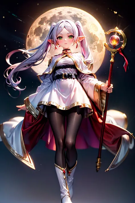 masterpiece, best quality, ultra-detailed, (perfect face, detailed face),
white hair, (dual ponytails:1.3), (hair ornament:1.4), sidelocks, small breasts, full-face blush, expressionless, green eyes, (glowing eyes:1.3),
long hair, pointy ears, (twintails:1.3), jewelry, elf, earrings, capelet, long sleeves, short skirt, (parted bangs:1.4), white dress, (one belt:1.3), gray pantyhose, (long white boots:1.3), 
(from below:1.1), looking at viewer, full body, (holding long staff:1.1), (hanging in the air:1.4), flying, jumping, floating in the air, (glowing staff:1.3), despise,
outdoors, night, (bright sky:1.2), moon light, (full moon, bright  moon, large moon, super moon:1.3), moon occupy large area, (star sky:1.3), motion blurry, (gradient sky:1.2), (simple background, only sky in background:1.4), invisible horizon, no ground, 
<lora:FrierenNDV:0.8>, FrierenNDV,
<lora:detail_slider_v4:1>,
<lora:more_details:0.2>,
<lora:GoodHands-vanilla:1>, 
<lora:shou-v50:0.2>,