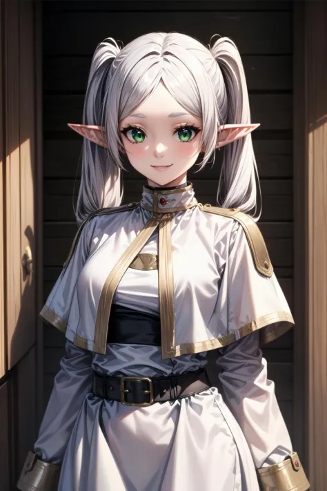 best quality, masterpiece, 1girl, (solo:1.1), raytracing, ultra detailed,detailed face, 8k wallpaper, smile, wide hips, FrierenNDV, 1girl, white hair, twintails, green eyes, medium breasts, long hair, pointy ears, elf, parted bangs, white capelet, white dress, belt, long sleeves,  outdoor, standing