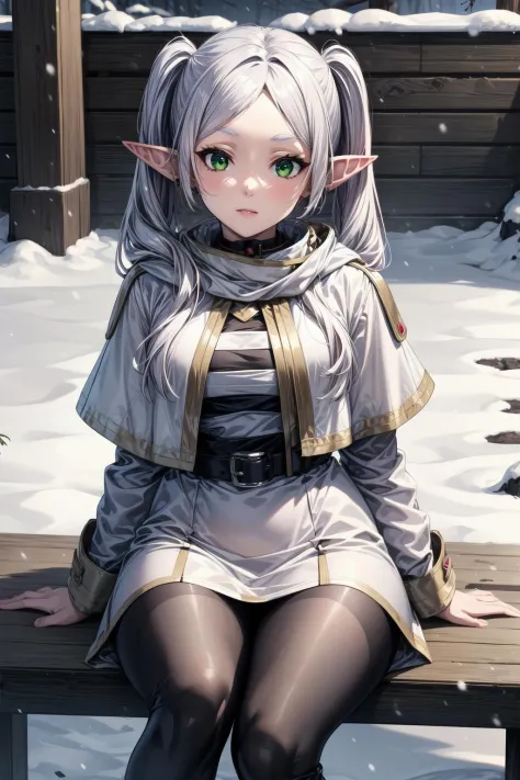 best quality, masterpiece, 1girl, (solo:1.1), raytracing, ultra detailed,detailed face, 8k wallpaper, wide hips, FrierenNDV, 1girl, white hair, twintails, green eyes, medium breasts, long hair, pointy ears, elf, parted bangs, white capelet, white dress, belt, long sleeves,  outdoor, sitting, hood, scarf, snow, winter