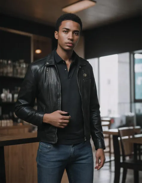 29 years old (black man:1.1), standing inside coffee shop in Paris, casual outfit, leather jacket,  denim,  sharp picture, intri...
