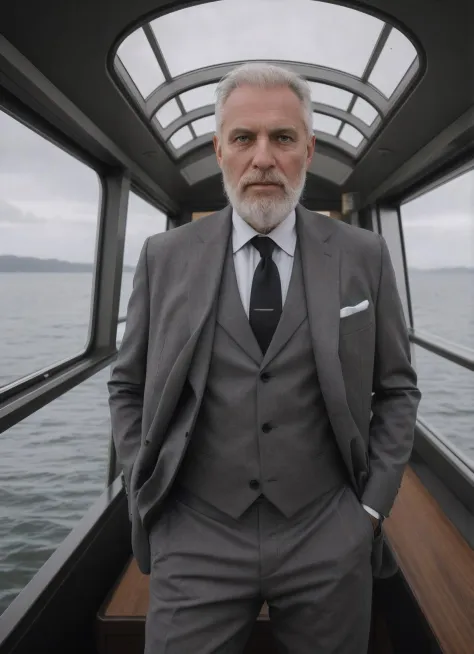 old man, yatch, luxurious, grey hair, grey full beard, elegant, suit, tie, (wide view from inside the yatch), sharp picture, (sh...