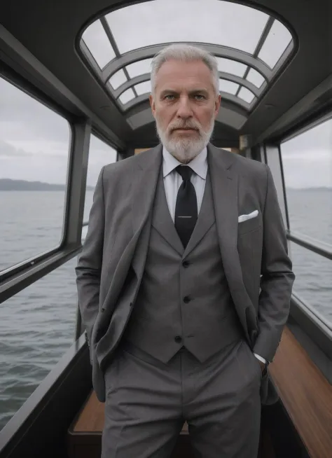 old man, yatch, luxurious, grey hair, grey full beard, elegant, suit, tie, (wide view from inside the yatch), sharp picture, (sharp outlines:1), highres, rutkowski, mucha, (Photorealistic:1.4), art by Alessio Albi, Illustration, (F/16:1.1), 50mm, (undersaturated:1.1), centerfold, (dark shot, dark theme:1.2)