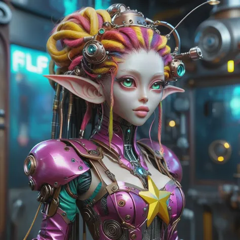 an elf in a steampunk outfit holding a colorful star, in the style of hyper-realistic sculptures, cyberpunk, ai yazawa, detailed...
