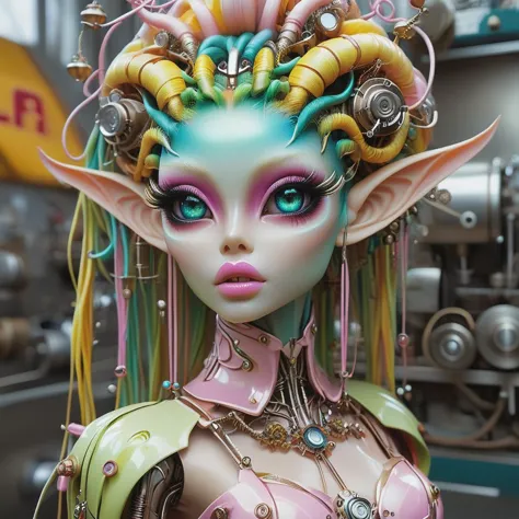 industrial elf by matt_dunker, in the style of colorful fantasy, dollcore, photorealistic detailing, angura kei, hypercolorful d...