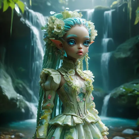 an elf in an old lace dress is standing with gears)), ((in the style of iridescence/opalescence)), ((hyper-realistic details)), ...
