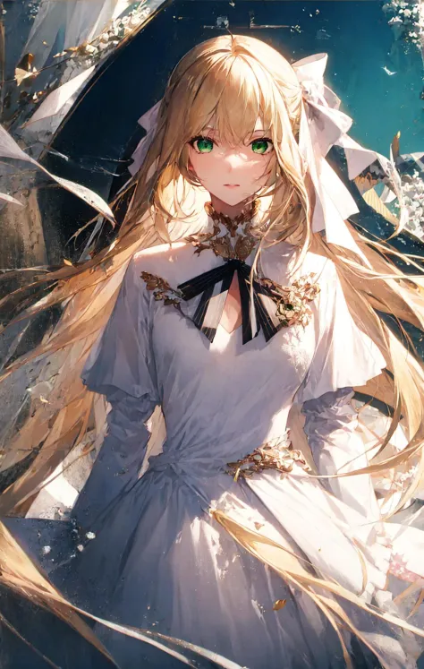 1girl,blonde hair, green eyes, tied hair, long hair, white dress, anisphia,<lora:anisphiawynnpalettia_v2:0.8><lora:style_rella:1...