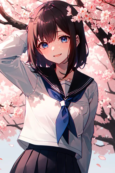 (upper_body:1.5), close-up, cherry_blossoms, outdoors, day, spring_\(season\), 1girl, smile, solo, bangs, blue_eyes, blush, clos...