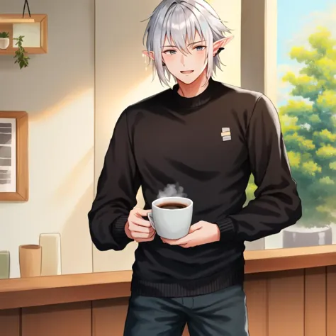 highres, masterpiece, high definition, high quality, silver hair, pointy ears, 1boy, holding cup of coffee, sweater, standing in a coffee shop