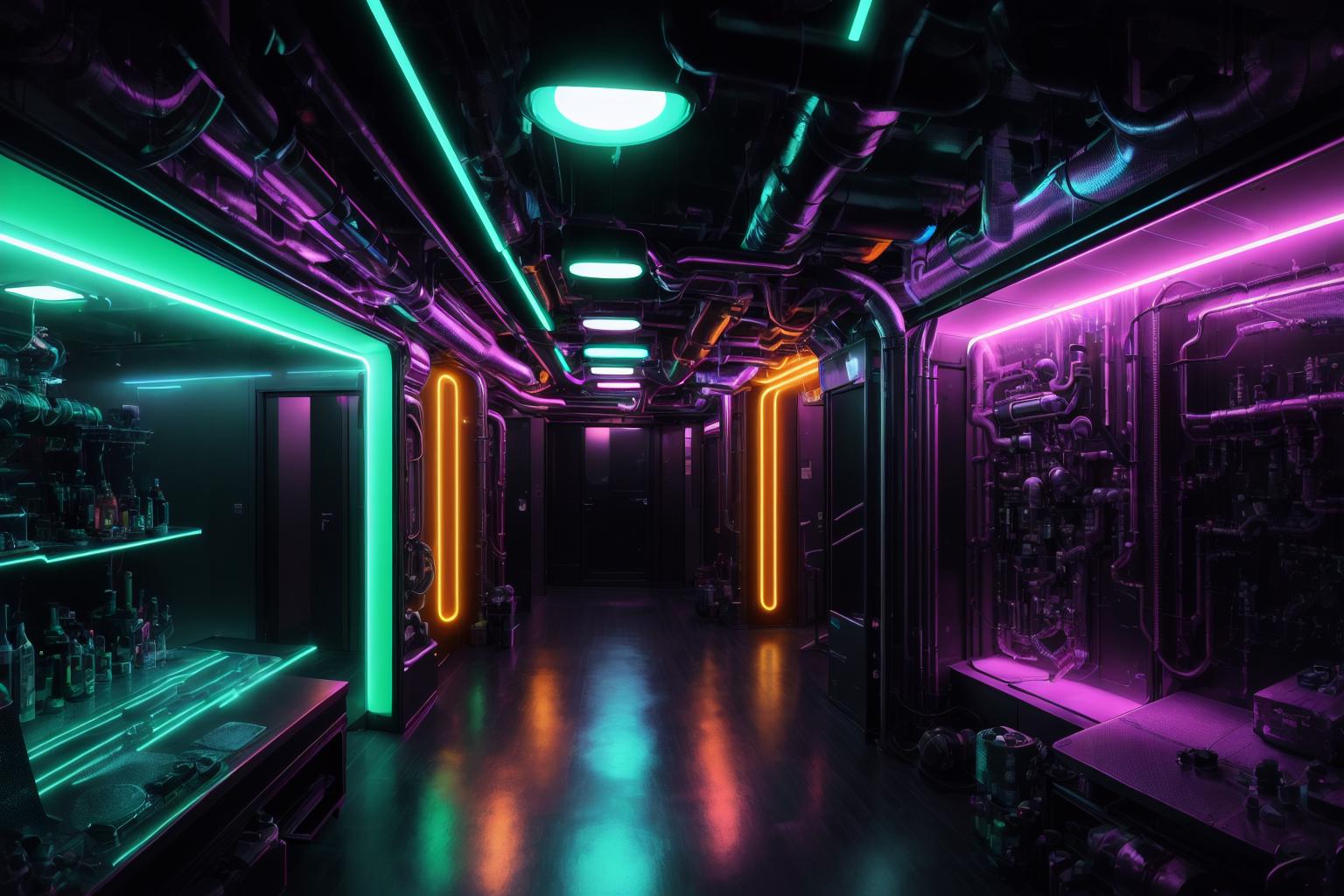 Purple and blue neon lights in a dark room with stairs - SeaArt AI