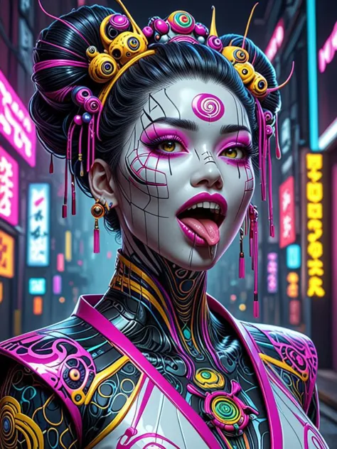 neonpunk style professional 3d model line art drawing breathtaking helios,full body geisha who sticks out his tongue ,eyes,mouth...