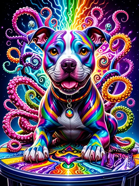 hyperrealistic art breathtaking chromatic aberration abuse,exif thumbnail surprise,a colorful bad pitbull tentacles sitting on t...