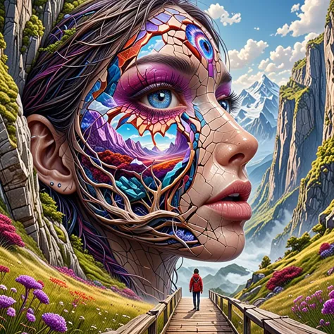 concept art breathtaking ,This is a digital artwork that features a surreal landscape. The image is composed of a large, detailed eye on the left side, which is looking towards a winding path that leads through a mountainous terrain. The path is flanked by steep cliffs and appears to be a bridge or a road carved into the rock. The right side of the image shows a close-up of a human face, with the nose and mouth visible, and the face is integrated into the landscape, creating a seamless blend between the human form and the natural environment. The colors are vibrant, with a mix of purples, blues, and reds, which adds to the fantastical and dreamlike quality of the scene. The artwork is likely intended to evoke a sense of wonder and the connection between humans and nature. <lora:helios:1> . award-winning, professional, highly detailed dressed in normcore. Unpretentious, casual, basics, comfortable . digital artwork, illustrative, painterly, matte painting, highly detailed