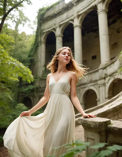 a woman in a white dress standing on a stone staircase