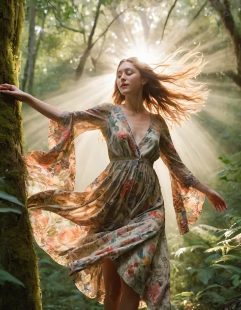 arafed woman in a floral dress walking through a forest