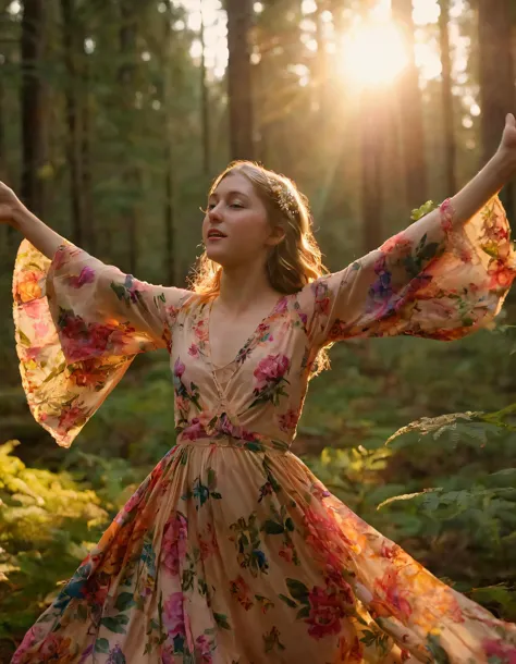 arafed woman in a floral dress in a forest