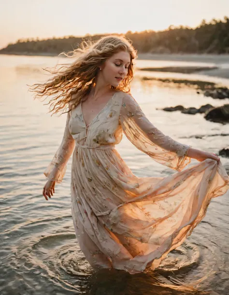 At Kamryn Renae's photoshoot, she captures the essence of a spontaneous moment by the serene shoreline during golden hour, elegantly draping herself in a free-spirited bohemian dress; her tousled hair swaying as she gazes into tranquil waters, all of which fuse together to create an enthralling, visually stunning scene. <lora:pnrzjr18f73573330pf1:1>