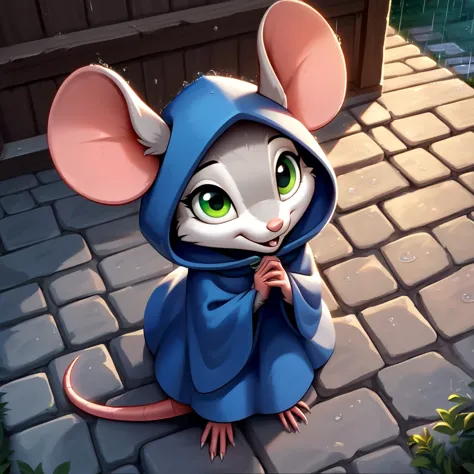 cartoon mouse with hoodie sitting on cobblestone in front of fence