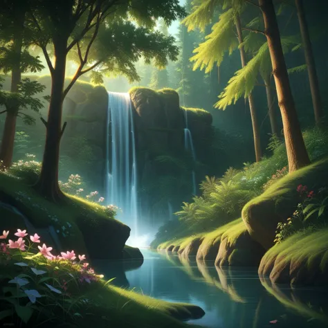 cartoon_furry, score_9, score_8_up, score_7_up, rating_safe hyperdetailed, hyperrealistic, 8k, high quality, hi res, best quality, high quality, absurd res, natural lighting, intricate, soft warm lighting, source_anime, scenario, beautiful forest,waterfall, river, trees, shrubs, flowers