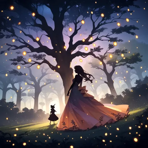 a woman in a long dress standing under a tree with fireflies