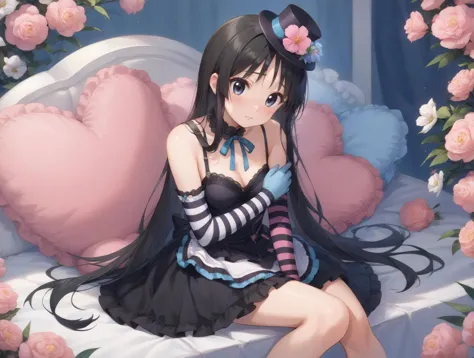 highres,head focus, ,sitting, flowers,,heart, pink pillow,embarrassed,,fetal position, 
  <lora:akiyama_mio_pony:0.8>akiyama_mio, 1girl, elbow_gloves,black_dress,mini_top_hat,official_alternate_costume,,black_hat,single_glove,striped_gloves,,, score_9, score_8_up,score_7_up,score_6_up,