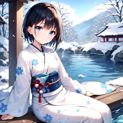 anime girl sitting on a wooden bench in front of a river