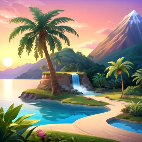 a painting of a tropical island with a waterfall and palm trees