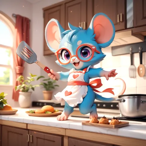 cartoon mouse with glasses and apron cooking in kitchen with utensils