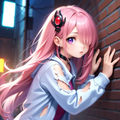 anime girl with pink hair leaning against brick wall