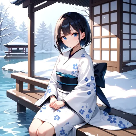 score_9, score_8_up, score_7_up, 1girl, solo, looking at viewer, short hair, bangs, blue eyes, black hair, long sleeves, sitting, closed mouth, outdoors, japanese clothes, wide sleeves, kimono, water, sash, obi, floral print, snow, snowing, white kimono, print kimono