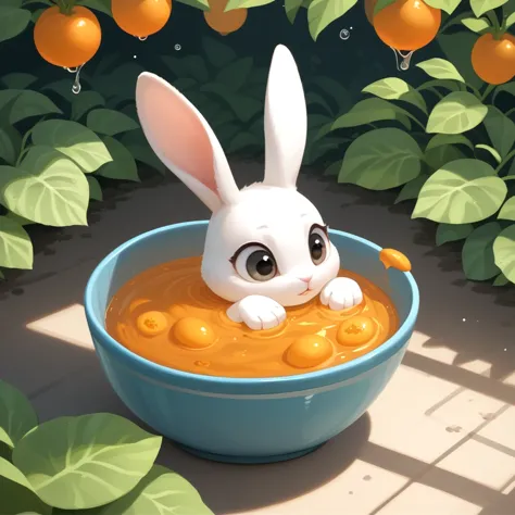 there is a cartoon bunny in a bowl of soup in the garden