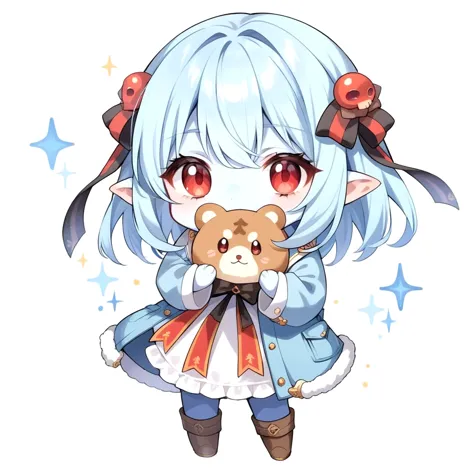 anime girl with blue hair holding a teddy bear and a lady bug