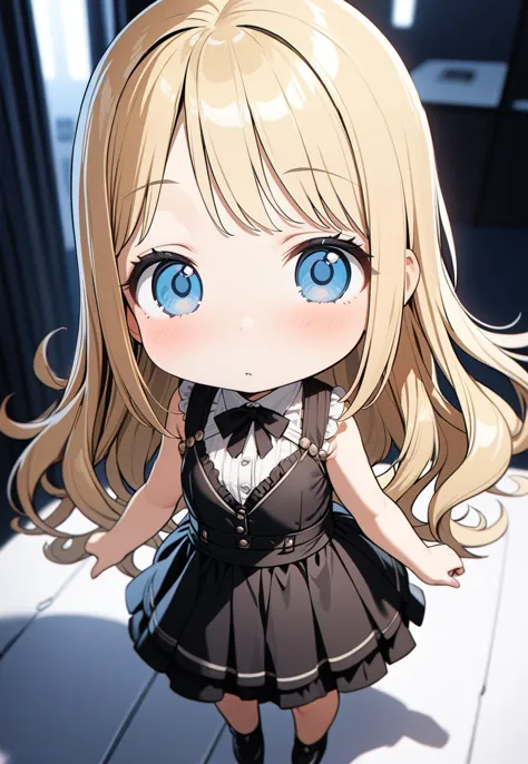 anime girl with blue eyes and blonde hair in a black dress