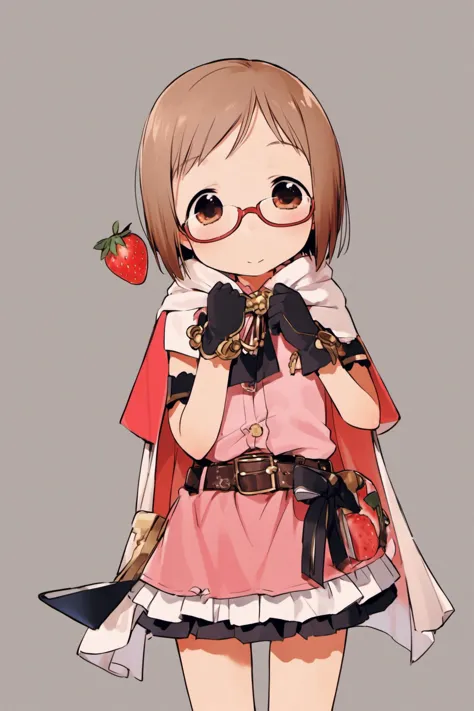 a cartoon girl with glasses and a cape holding a strawberry