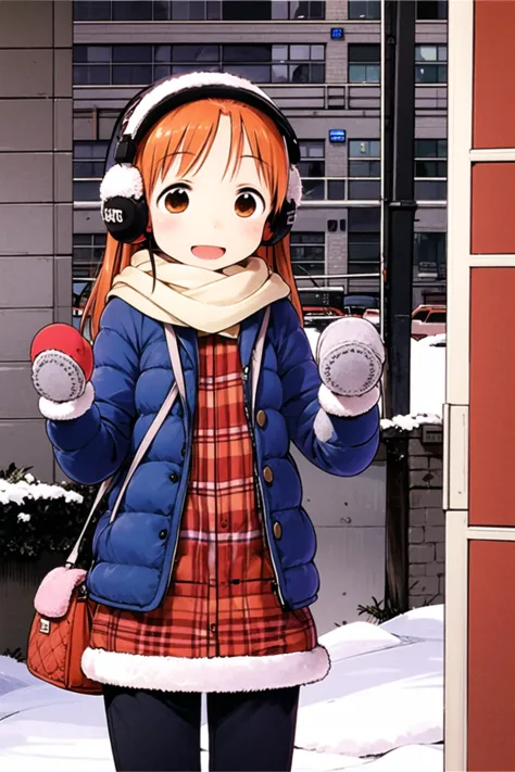 anime girl in winter clothes holding a red ball and wearing headphones