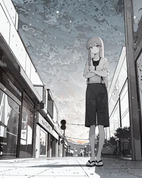 (8K,Candid shot of a stunningly girl,Amazing Details:1.4 cinematic lighting,side lightning,colorful,Natural Volumetric Lighting And Best Shadow, Deep Depth Of Field),(((1girl,pale skin,full body shot,pose))),(very long hair,swept bangs),(casual clothes,japanese characters,buildings,shopping mall),(Pastel colors:1.6,white sky,sunset),  