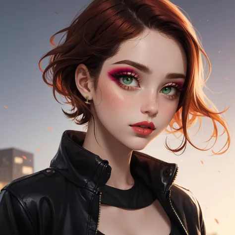 (AS-YoungV2:1.2), best quality, gorgeous (natural redhead), (teen:1.7) girl, [French], (medium breasts), cleavage, (egirl makeup, bold lashes:1.3), green eyes, [freckled, frecklesv1],  , [[evil, solarpunk]], [[[holographic]]], [[[[precocious, flirty, bratty, sassy, naive, innocent, defiant, disobedient]]]]