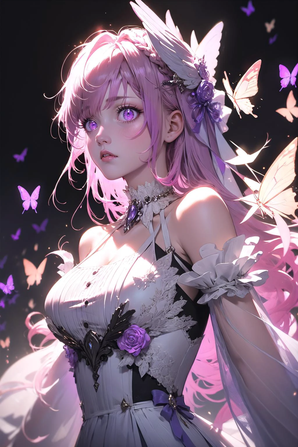 (highly detailed:1.3),
full body,
dorothy \(nikke\),defdress,
Ultra-detail,(highres:1.1),best quality,(masterpiece:1.3),cinematic lighting,
highly detailed face and eyes,  butterfly style, (pink hair:1.2), (purple eyes:1.2),