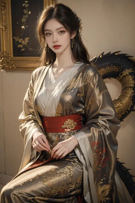 a woman in a kimono sitting on a chair with a dragon