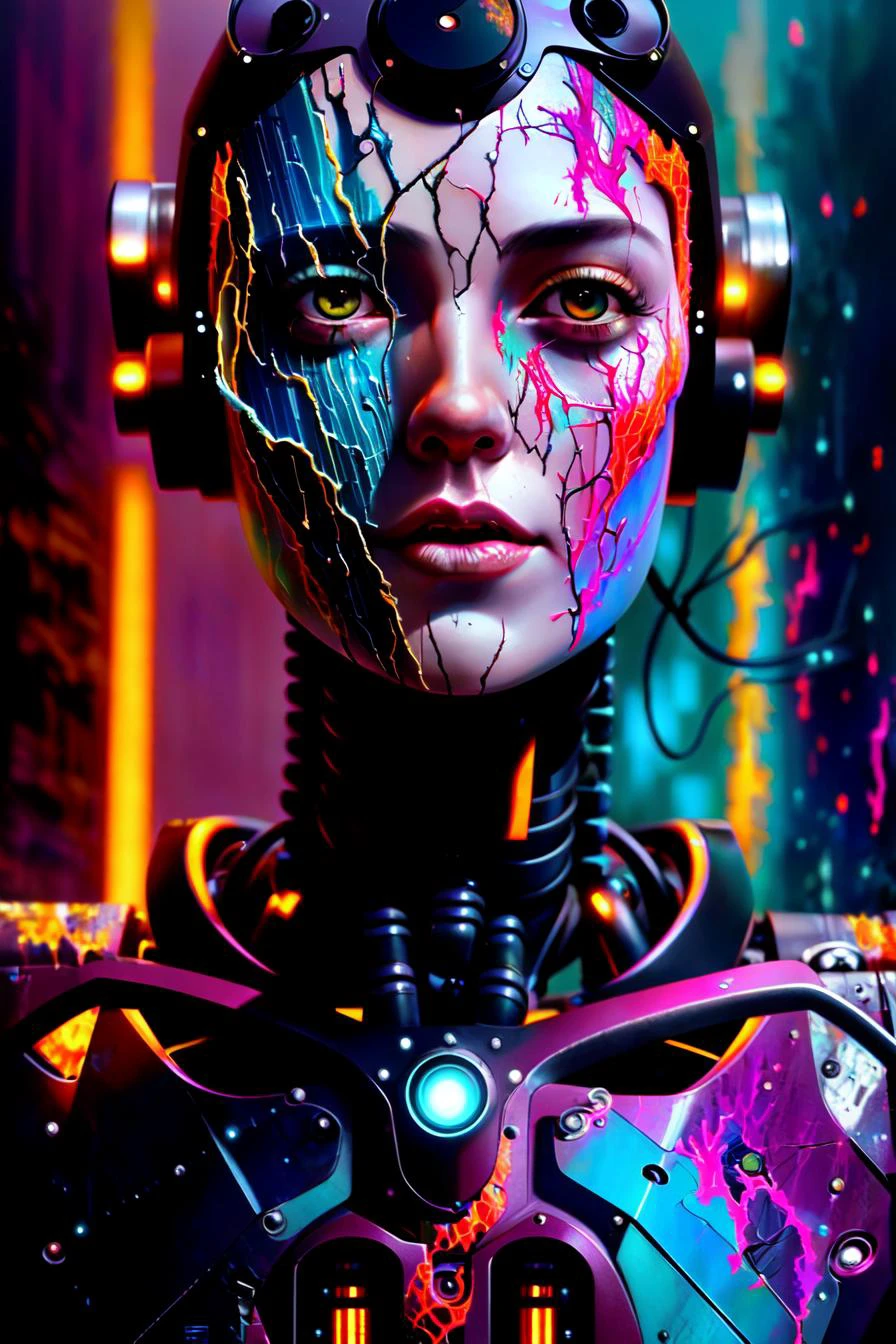 un robot cyborg, luces, cicatrices, refracciones, posando, ultradetallado, alta definición, 8k, highluces, buena iluminacion, el efecto más sorprendente, Ciencia ficción,((arte de carne griffiths y sean yoro))