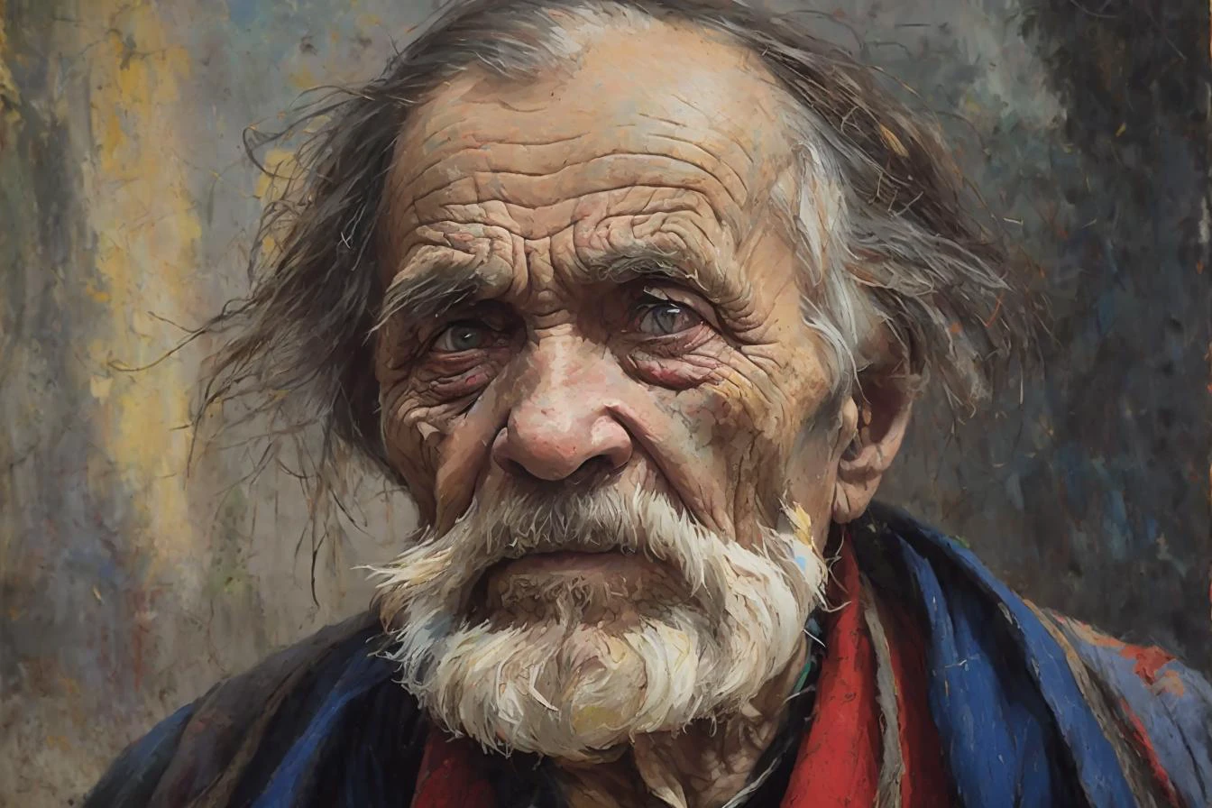 A portrait of poor russian 1800 old worker in rags, ((overwhelming fatigue )), wrinkles of age, concept art, oil pastel painting , moody gray colors , gritty, messy stylestyle of Alexey Savrasov, Ivan Shishkin, Ilya Repin, (cel shaded:1.2), 2d, (oil painting:1.2) highly detailed