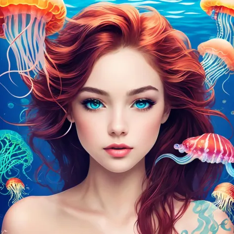 (masterpiece, top quality, best quality, official art, beautiful and aesthetic:1.2), (1girl), (perfect face:1.3), ((red long hair)), extreme detailed eyes, colorful, highest detailed, (mermaid), (detailed fish), (glowing jellyfish, shining jellyfish:1.2), (bubbles:1.2), seaweed, (under the sea), water streaks, vibrant colors, high contrast