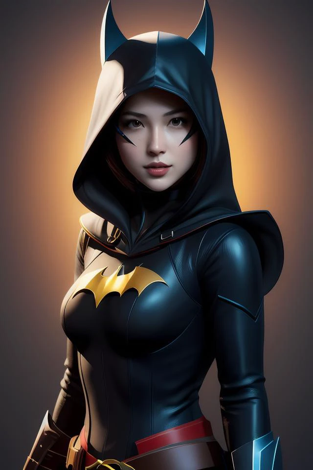 Kassandra Kain (batgirl) als Assassine aus Assassin&#39;s Creed, Tragen einer Kapuze mit spitzen Ohren, ohne Dominomaske, Porträt, sehr detailliert, digitale Zeichnung, artstation, Konzeptkunst, scharfer Fokus, Illustration, Filmische Beleuchtung, Kunst von Artgerm und Greg Rutkowski und Alphonse Mucha