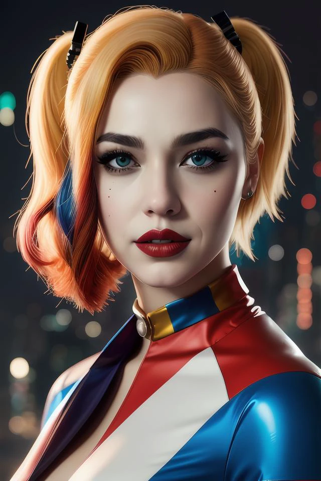 Lofi-Biopunk-Porträt von Harley Quinn, Cyberpunk-Hintergrund, glattes Gesichts-Makeup, Pixar-Stil, von Tristan Eaton, Stanley Artgerm und Tom Bagshaw.