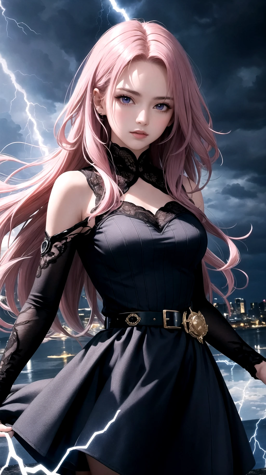 (masterpiece, best quality), intricate details, 1girl, long hair, dark pink hair, purple eyes, storm clouds, lightning, flashes of light, belt, quilted long grey and black dress, blue brooch,