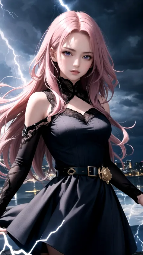 (masterpiece, best quality), intricate details, 1girl, long hair, dark pink hair, purple eyes, storm clouds, lightning, flashes ...